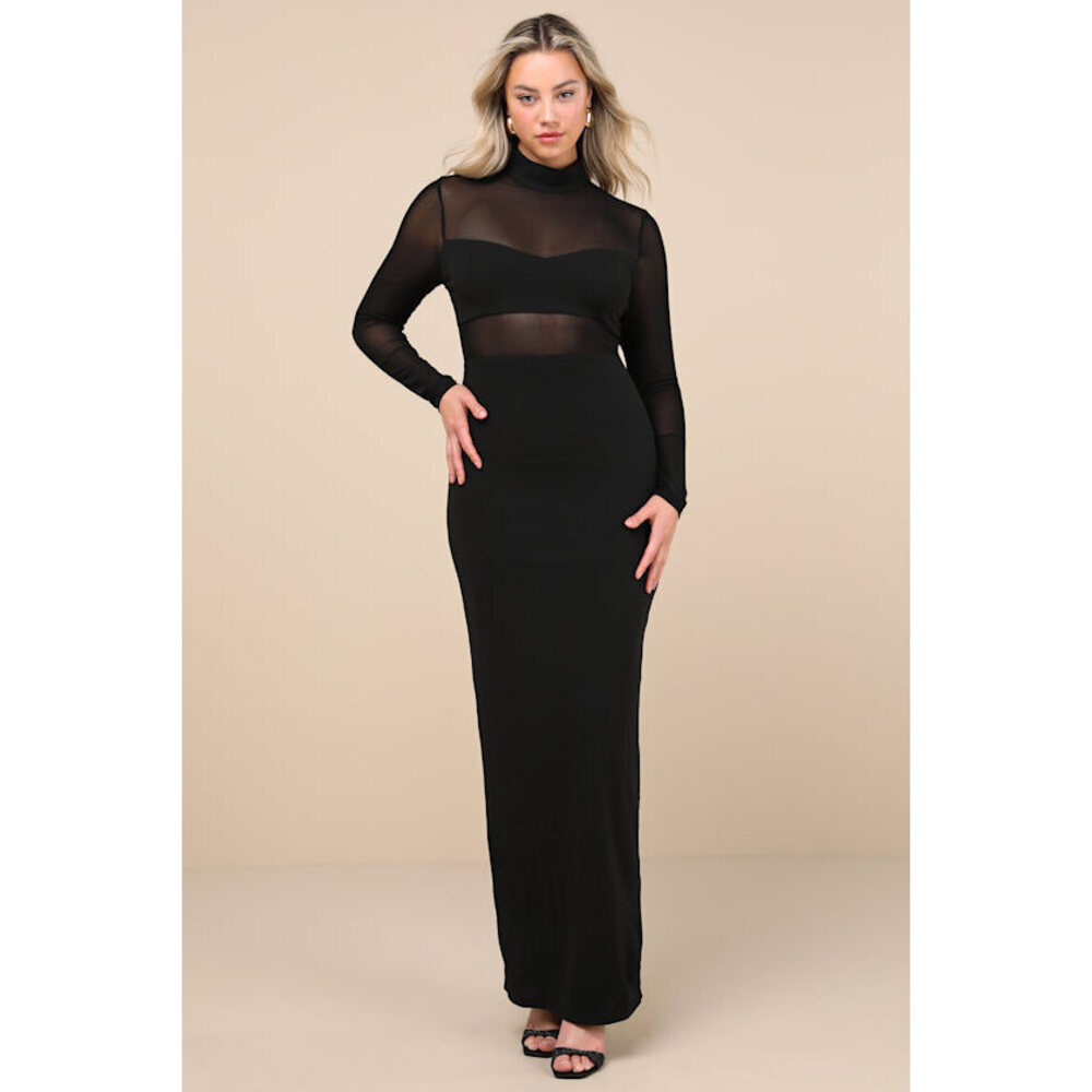 Lulus Forever Modern Black Mesh Long Sleeve Maxi Dress - Size S